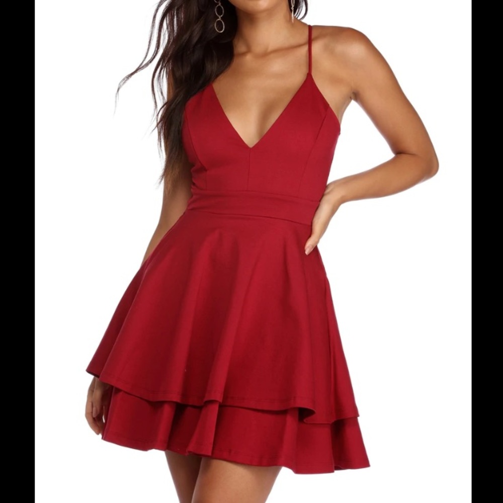 Red lace back skater dress